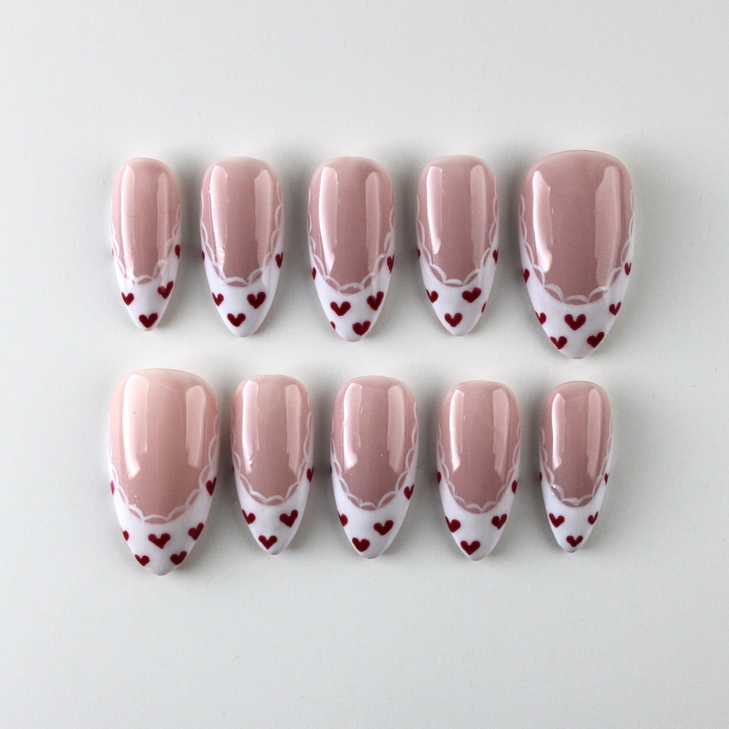  Handmade Heart Lace French Tip Press-On Nails | Reusable Almond Shape | Red & White Valentine’s Day Nail Art | Damage-Free Application Kit Included 