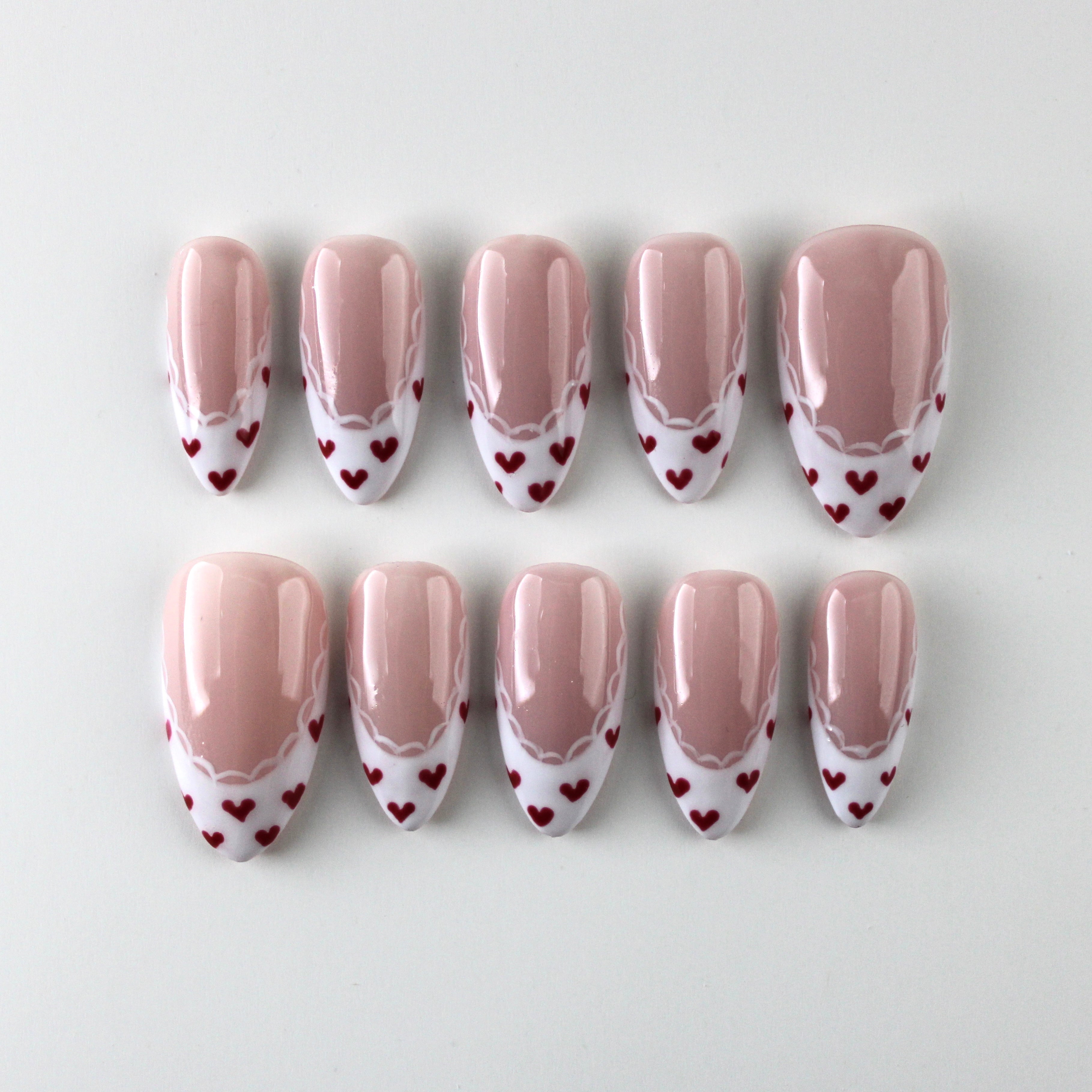  Handmade Heart Lace French Tip Press-On Nails | Reusable Almond Shape | Red & White Valentine’s Day Nail Art | Damage-Free Application Kit Included 