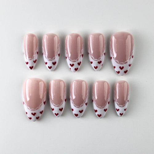  Handmade Heart Lace French Tip Press-On Nails | Reusable Almond Shape | Red & White Valentine’s Day Nail Art | Damage-Free Application Kit Included 